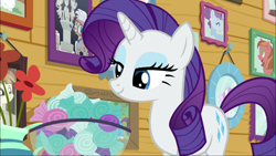 Size: 1920x1080 | Tagged: safe, screencap, chipcutter, diamond tiara, featherweight, rarity, pony, unicorn, forever filly, food, mint, rarity looking at food