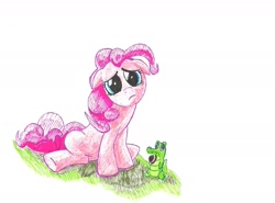 Size: 1613x1193 | Tagged: safe, gummy, pinkie pie, earth pony, pony, crying, hat, sad