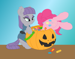 Size: 1009x791 | Tagged: safe, artist:dfectivedvice, artist:midnightblitzz, color edit, maud pie, pinkie pie, earth pony, pony, candy, colored, cute, halloween, holiday, jack-o-lantern, nightmare night, pumpkin