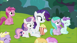 Size: 1920x1080 | Tagged: safe, screencap, aura (character), dinky hooves, liza doolots, noi, petunia, piña colada, rarity, ruby pinch, sweetie belle, tootsie flute, pony, unicorn, forever filly, food, popcorn, rarity looking at food