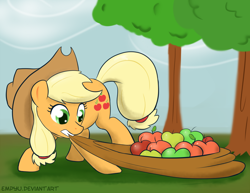 Size: 1000x773 | Tagged: safe, artist:empyu, applejack, earth pony, pony, apple, mouth hold, sack, solo