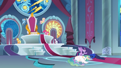 Size: 1366x768 | Tagged: safe, derpibooru import, screencap, applejack, fluttershy, pinkie pie, princess celestia, princess luna, rainbow dash, rarity, twilight sparkle, twilight sparkle (alicorn), alicorn, earth pony, pegasus, pony, unicorn, the ending of the end, banner, carpet, curtains, mane six, stained glass, throne, throne room