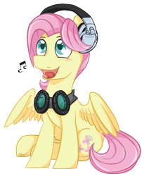 Size: 628x766 | Tagged: safe, artist:bloodorangepancakes, butterscotch, fluttershy, pegasus, pony, goggles, happy, headphones, rule 63, solo