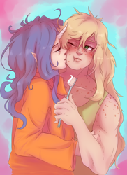 Size: 1024x1408 | Tagged: safe, artist:sundown, applejack, rarity, human, elf ears, female, horned humanization, humanized, jacqueline applebuck, juliette d'rarie, kissing, lesbian, rarijack, shipping, toothbrush