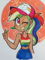 Size: 720x960 | Tagged: safe, artist:darkynez, derpibooru import, rainbow dash, human, cap, colored pupils, cute, dark skin, dashabetes, front knot midriff, hat, humanized, midriff, one eye closed, peace sign, smiling, solo, traditional art, wink