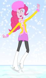 Size: 1942x3255 | Tagged: safe, artist:deannaphantom13, pinkie pie, equestria girls, clothes, eyes closed, ice skates, ice skating, open mouth, smiling, snow, snowfall, solo, winter outfit