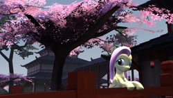 Size: 1920x1080 | Tagged: safe, artist:reitch, fluttershy, pegasus, pony, 3d, building, cherry blossoms, japan, solo, source filmmaker