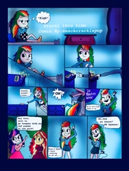 Size: 750x1000 | Tagged: safe, artist:snackcracklepop, rainbow dash, sci-twi, sunset shimmer, twilight sparkle, comic:travel thru time, equestria girls, alternate hairstyle, converse, shoes