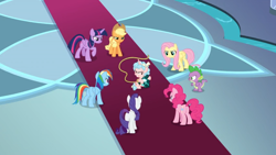 Size: 1366x768 | Tagged: safe, derpibooru import, screencap, applejack, cozy glow, fluttershy, pinkie pie, rainbow dash, rarity, spike, twilight sparkle, twilight sparkle (alicorn), alicorn, dragon, earth pony, pony, the ending of the end, alicornified, bell, carpet, cozycorn, grogar's bell, mane six, race swap, rope, surrounded, winged spike