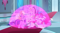 Size: 1366x768 | Tagged: safe, derpibooru import, screencap, applejack, discord, fluttershy, pinkie pie, princess celestia, princess luna, rainbow dash, rarity, spike, twilight sparkle, twilight sparkle (alicorn), alicorn, dragon, earth pony, pegasus, pony, unicorn, the ending of the end, banner, carpet, dome, door, magic, mane six, shield, stained glass window, winged spike