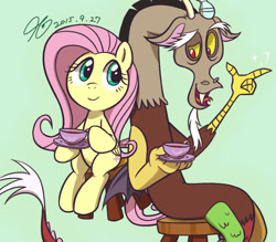 Size: 800x700 | Tagged: safe, artist:sennishi, discord, fluttershy, pegasus, pony, duo, pixiv, sitting, stool, tea, teacup