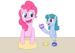 Size: 1024x724 | Tagged: safe, artist:allonsbro, pinkie pie, oc, oc:cupcake quartz, earth pony, pony, baking, cookie dough, daughter, female, mother, mother and child, mother and daughter, next generation, offspring, parent and child, parent:pinkie pie, parent:pokey pierce, parents:pokeypie