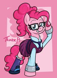 Size: 1564x2136 | Tagged: safe, artist:moonatik, pinkie pie, earth pony, pony, abstract background, adjusting glasses, adorkable, alternate costumes, alternate hairstyle, clothes, crystal prep academy uniform, cuffs (clothes), cute, dork, glasses, looking at you, necktie, nerdy, pleated skirt, ponytail, pun, school uniform, shirt, shoes, skirt, socks, solo, stockings, thigh highs