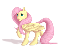 Size: 3000x2500 | Tagged: safe, artist:oraura, fluttershy, pegasus, pony, raised hoof, simple background, smiling, solo, unshorn fetlocks