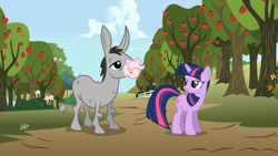 Size: 1365x768 | Tagged: safe, derpibooru import, screencap, cletus, twilight sparkle, unicorn twilight, hybrid, mule, pony, unicorn, applebuck season, apple orchard, apple tree, bucktooth, duo, female, male, mare, tree