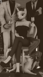 Size: 2160x3840 | Tagged: safe, artist:gbrushandpaint, rarity, anthro, cat, human, plantigrade anthro, 3d, breasts, cigarette, cigarette holder, clothes, crossed legs, drink, looking at you, monochrome, raritits, sitting, smiling, smoking, source filmmaker