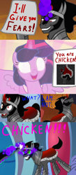 Size: 1000x2300 | Tagged: safe, derpibooru import, edit, edited screencap, screencap, king sombra, twilight sparkle, twilight sparkle (alicorn), alicorn, bird, chicken, pony, umbrum, unicorn, the beginning of the end, dark magic, glowing eyes, magic, paper