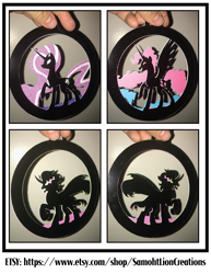 Size: 2551x3300 | Tagged: safe, artist:samoht-lion, derpibooru import, king sombra, nightmare rarity, pinkie pie, alicorn, pony, unicorn, alicornified, chaos pinkie, cloak, clothes, craft, female, hand, irl, male, mare, papercraft, photo, pinkiecorn, race swap, raised hoof, sombra eyes, stallion, traditional art, xk-class end-of-the-world scenario