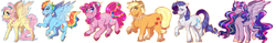 Size: 4560x718 | Tagged: safe, artist:saltygideon, derpibooru import, applejack, fluttershy, pinkie pie, princess twilight 2.0, rainbow dash, rarity, twilight sparkle, twilight sparkle (alicorn), alicorn, earth pony, pegasus, pony, unicorn, the last problem, line-up, mane six, older, older applejack, older fluttershy, older mane six, older pinkie pie, older rainbow dash, older rarity, older twilight, simple background, smiling, white background