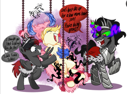 Size: 1017x751 | Tagged: safe, artist:aiden_is_tired, artist:virtualkidavenue, derpibooru import, king sombra, oc, oc:brimstone, oc:exist, pony, umbrum, armpits, bondage, duster, feather, magic, parent:king sombra, tickle torture, tickling, wings