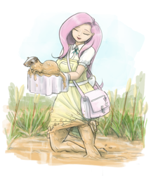 Size: 1000x1163 | Tagged: safe, artist:king-kakapo, fluttershy, human, bag, clothes, dirty, dress, eyes closed, humanized, light skin, mud, polecat, smiling, solo, towel