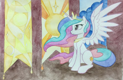 Size: 968x634 | Tagged: safe, artist:grokostimpy, princess celestia, alicorn, pony, banner, cropped, jewelry, looking away, profile, regalia, sitting, solo, spread wings, traditional art, watercolor painting, wings