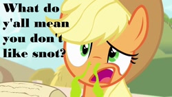 Size: 1280x720 | Tagged: safe, edit, edited screencap, screencap, applejack, earth pony, pony, pinkie apple pie, applejack's hat, confused, cowboy hat, hat, hay, op is a cuck, open mouth, snot, snot bp, solo, wat