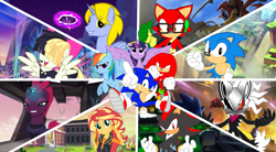 Size: 4202x2314 | Tagged: safe, artist:trungtranhaitrung, rainbow dash, songbird serenade, sunset shimmer, tempest shadow, twilight sparkle, twilight sparkle (alicorn), oc, oc:delta brony, alicorn, hedgehog, jackal, pegasus, pony, unicorn, wolf, better together, equestria girls, my little pony: the movie, alicorn oc, broken horn, classic sonic, crossover, echidna, female, gadget the wolf, geode of empathy, horn, infinite (character), knuckles the echidna, magical geodes, male, mare, phantom ruby, sega, shadow the hedgehog, sonic forces, sonic the hedgehog, sonic the hedgehog (series), stallion, video game, zavok