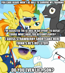 Size: 625x705 | Tagged: safe, derpibooru import, bulk biceps, meadow flower, mercury, milky way, spitfire, starry eyes (character), sunshower raindrops, thunderlane, wonderbolts academy, do you even lift, hub crossover, image macro, meme, sunglasses