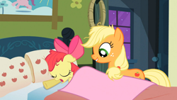 Size: 1366x768 | Tagged: safe, screencap, apple bloom, applejack, earth pony, pony, apple family reunion, adorabloom, bed, cute, female, filly, jackabetes, mare, messy mane, night, not creepy, out of context, sleeping, smiling, stars
