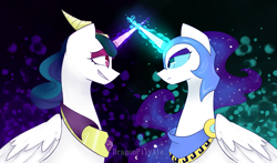 Size: 2113x1243 | Tagged: safe, artist:dragonpilyale, nightmare moon, princess celestia, alicorn, pony, abstract background, evil celestia, nicemare moon