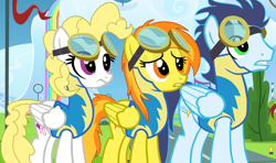 Size: 900x534 | Tagged: safe, artist:ipandacakes, derpibooru import, soarin', spitfire, surprise, pegasus, pony, g1, g1 to g4, generation leap, rainbow waterfall, trio, wonderbolt trainee uniform, wonderbolts