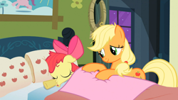 Size: 1366x768 | Tagged: safe, screencap, apple bloom, applejack, earth pony, pony, apple family reunion, bed, butt touch, duckface, female, filly, hoof on butt, mare, pillow, sleeping