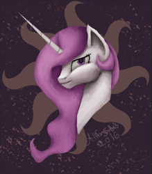 Size: 690x786 | Tagged: safe, artist:allforyouart, princess celestia, alicorn, pony, bust, lidded eyes, looking at you, pink mane, pink-mane celestia, portrait, smiling, solo, younger