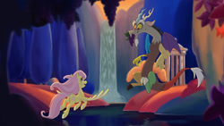 Size: 1920x1080 | Tagged: safe, artist:lionheartcartoon, discord, fluttershy, pegasus, pony, fantasia, flying, grapes, mouth hold, pastoral symphony, scenery, unshorn fetlocks, waterfall