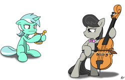 Size: 2360x1506 | Tagged: safe, artist:sandwich-anomaly, lyra heartstrings, octavia melody, earth pony, pony, unicorn, bipedal, bow (instrument), cello, duo, female, floppy ears, glare, looking at each other, lyre, mare, musical instrument, sitting