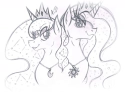 Size: 1859x1371 | Tagged: safe, artist:rossmaniteanzu, princess celestia, princess luna, alicorn, pony, :3, eyeshadow, grin, jewelry, lidded eyes, looking at you, makeup, monochrome, necklace, royal sisters, simple background, sisters, sketch, smiling, traditional art, white background