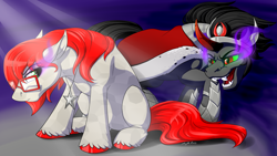 Size: 2560x1440 | Tagged: safe, artist:mythpony, derpibooru import, king sombra, oc, oc:aria, crystal pony, pony, female, glasses, jewelry, mare, necklace