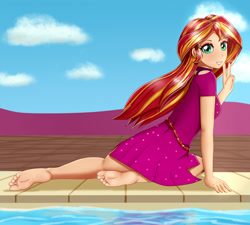 Size: 2000x1800 | Tagged: safe, artist:focusb, sunset shimmer, equestria girls, equestria girls series, spring breakdown, spoiler:eqg series (season 2), barefoot, feet, female, looking at you, peace sign, solo
