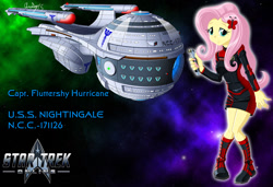 Size: 1280x875 | Tagged: safe, artist:captricosakara, fluttershy, equestria girls, boots, captain, clothes, commission, crossover, humanized, olympic class, science fiction, solo, space, spaceship, star trek, star trek online, starfleet, uniform