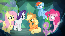 Size: 1366x768 | Tagged: safe, derpibooru import, screencap, applejack, fluttershy, pinkie pie, rainbow dash, rarity, spike, dragon, earth pony, pegasus, pony, unicorn, the ending of the end, mucus, pondering, thinking, trapped, winged spike, worried