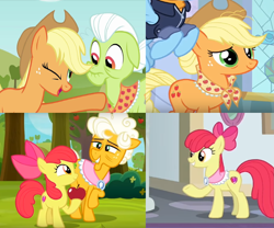 Size: 1463x1215 | Tagged: safe, derpibooru import, edit, screencap, apple bloom, applejack, goldie delicious, granny smith, rainbow dash, earth pony, pegasus, pony, going to seed, the last problem, apple, clothes, cropped, food, goldie delicious' scarf, granny smith's scarf, implied death, older, older apple bloom, older applejack