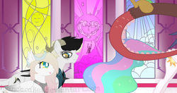 Size: 1024x541 | Tagged: safe, artist:ipandacakes, discord, princess celestia, oc, oc:guardian, oc:valkyrie, alicorn, hybrid, pony, female, interspecies offspring, male, offspring, older, parent:discord, parent:princess celestia, parents:dislestia, siblings