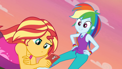 Size: 1920x1080 | Tagged: safe, screencap, rainbow dash, sunset shimmer, better together, choose your own ending, equestria girls, wake up!, wake up!: rainbow dash, cellphone, clothes, duo, duo female, female, geode of super speed, magical geodes, outdoors, pants, phone, sleeveless, smartphone, sunrise, tanktop, yoga pants