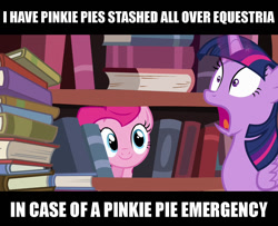 Size: 1280x1040 | Tagged: safe, derpibooru import, screencap, pinkie pie, twilight sparkle, twilight sparkle (alicorn), alicorn, earth pony, pony, pinkie apple pie, book, bookshelf, emergency, female, golden oaks library, image macro, mare, meme