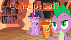 Size: 900x505 | Tagged: safe, derpibooru import, edit, screencap, spike, twilight sparkle, dragon, lesson zero, constipated, laxative, metamucil