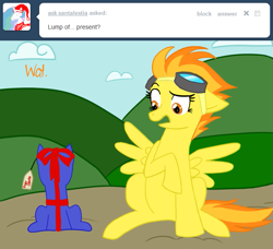 Size: 639x582 | Tagged: safe, artist:okiedokielokie, derpibooru import, spitfire, ask-mlpspitfire, goggles, present, tumblr