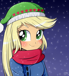 Size: 960x1056 | Tagged: safe, artist:riouku, applejack, equestria girls, blushing, clothes, coat, cute, freckles, hat, jackabetes, scarf, smiling, snow, snowfall, solo, winter