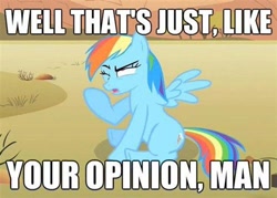 Size: 500x358 | Tagged: safe, derpibooru import, edit, edited screencap, screencap, rainbow dash, pegasus, pony, over a barrel, caption, image macro, meme, reaction image, solo, text, the big lebowski