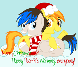 Size: 639x553 | Tagged: safe, artist:okiedokielokie, derpibooru import, spitfire, oc, ask-mlpspitfire, christmas, clothes, cloud, goggles, hat, santa hat, scarf, tumblr